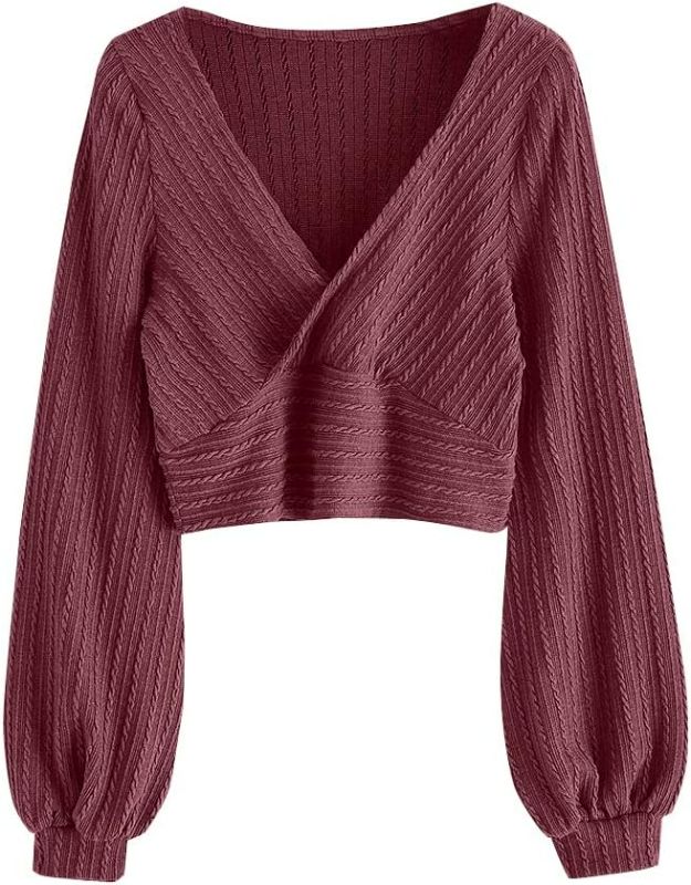 Photo 1 of XL ZAFUL Women's Pullover Ribbed Cropped Knitwear Drawstring Ruched Knitted Crop Top Solid V-Neck Long Sleeve T-Shirt
