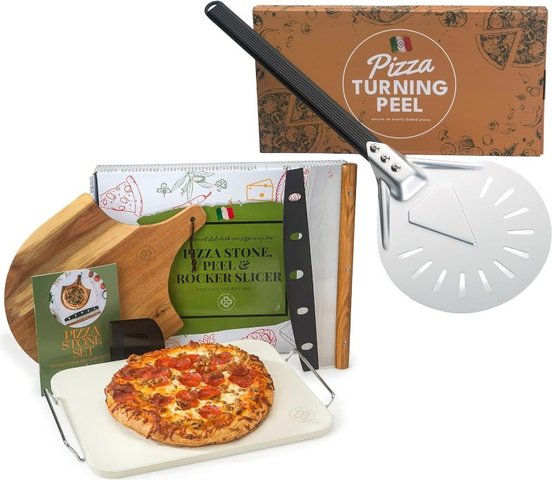 Photo 1 of Pizza Stone for Oven and Grill with Wood Pizza Peel, Pizza Cutter & Pizza Turning Peel

