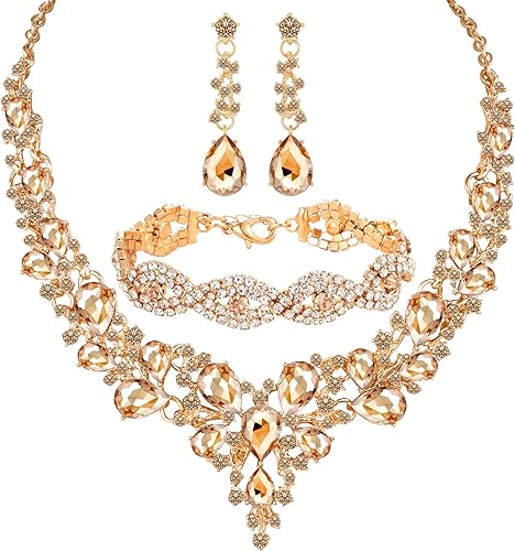 Photo 1 of Women Jewelry Set Rhinestone Crystal Bride Statement Choker Necklace Tiara Crown Link Bangle Bracelet Teardrop Dangle Earrings Set for Wedding Party