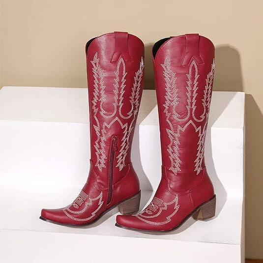Photo 1 of Size 10 Tscoyuki Women's Embroidery Western Knee High Boots, Pointy Toe Chunky Block Heel Cowboy Cowgirl Boots with Pull On Taps
