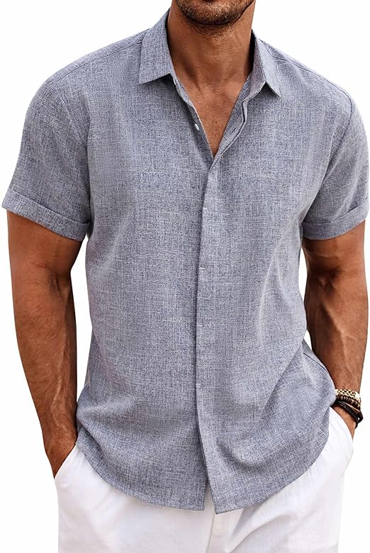 Photo 1 of Large COOFANDY Men's Linen Shirts Short Sleeve Casual Shirts Button Down Shirt for Men Beach Summer Wedding Shirt
