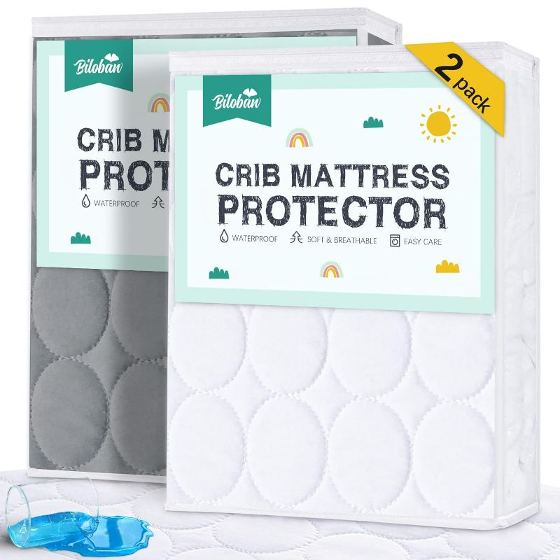Photo 1 of Biloban Crib Mattress Protector 2 Pack, Waterproof, Quilted, Grey & White, Absorbent, Ultra Soft, Noiseless, Durable
