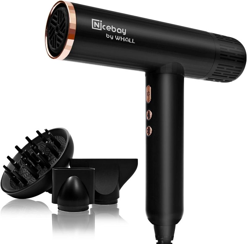 Photo 1 of Nicebay® Ionic Hair Dryer, Professional Blow Dryer with 3 Attachments, 110000RPM High-Speed Brushless Motor for Fast Drying, Lightweight, Low Noise, 1600W Hairdryer with Diffuser
