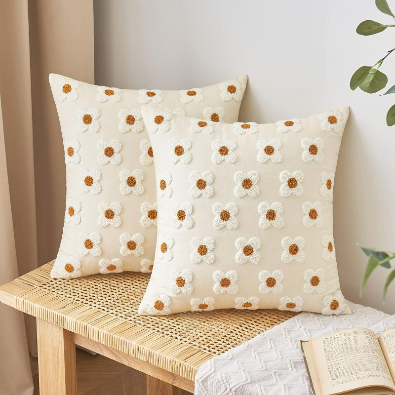 Photo 1 of EMEMA Decorative Throw Pillow Covers Sun Flower Jacquard Pillowcase Cushion Case Square for Couch Sofa Bed Living Room Bedroom Set of 2, 18x18 Inch, Beige
