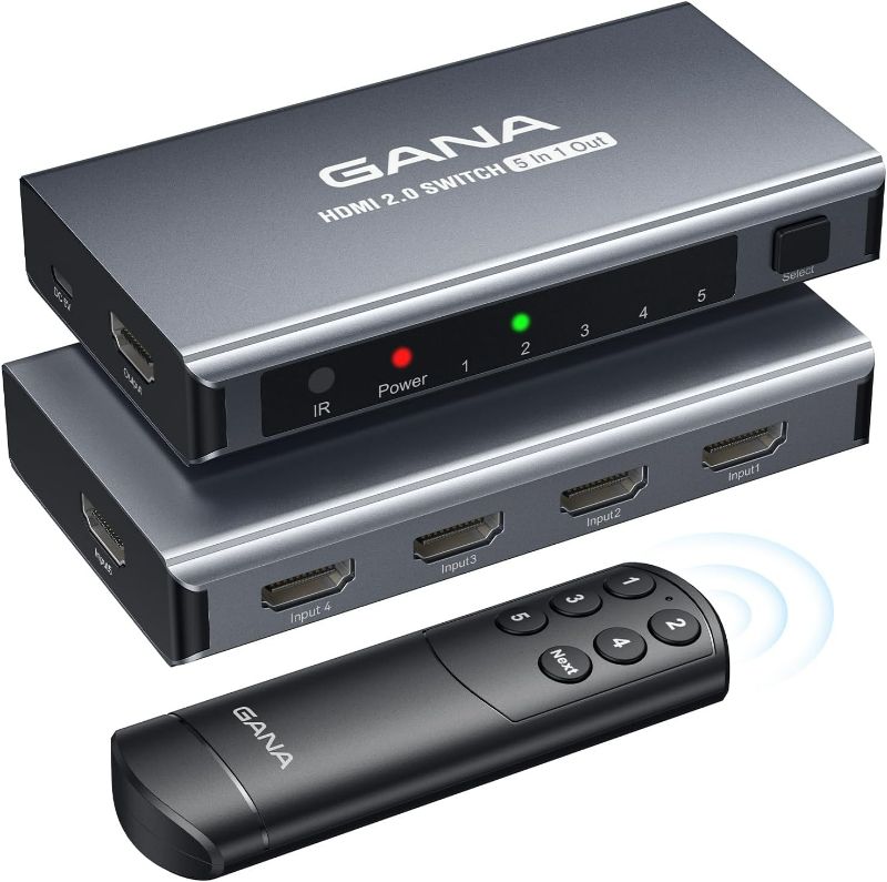 Photo 1 of HDMI Switch 5 in 1 Out 4K@60Hz, GANA HDMI Splitter Switcher with Remote, Aluminum HDMI 2.0 Switch Box Hub for 3D, HDCP2.2, HDR, Compatible with Xbox, PS5/4/3,Fire Stick,Roku,Blu-Ray Player
