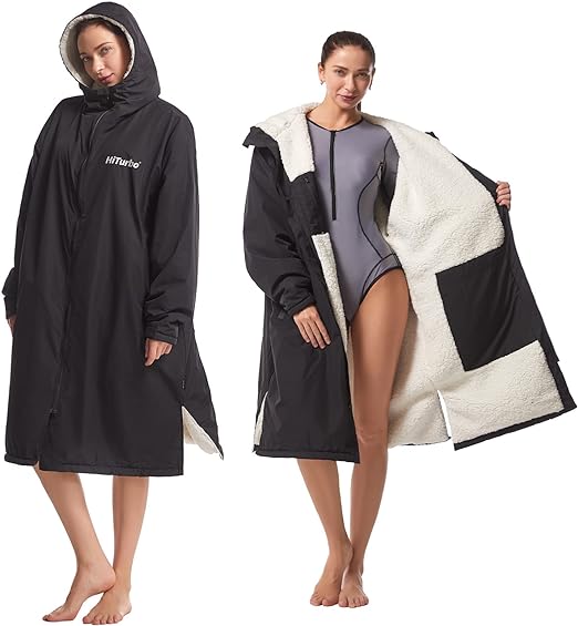 Photo 1 of Large/XL Hiturbo Warm Waterproof Swim Parka: Oversized Hooded Changing Robe - Sherpa Liner Swimming Coat - Recycled Fabric Surf Poncho
