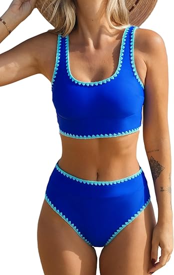 Photo 1 of Medium CUPSHE Women's Bikini Sets Two Piece Swimsuit Scoop Neck Tank Wide Straps Midkini Stitching
