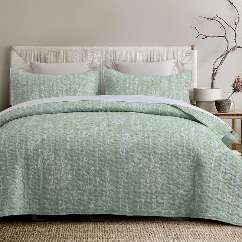 Photo 1 of Sage Green Quilt Set King Size 3Pcs, Sage Green Printed with White Botanical Pattern, All Season Lightweight Coverlet Sets(King 106x96, Sage Green Botanical)
