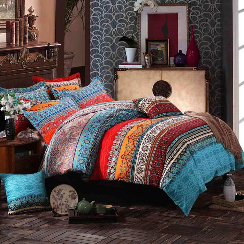 Photo 1 of Nanko Queen Duvet Cover Set Boho Red Blue Colorful Retro Striped Print 3pc 90 x 90 Luxury Soft Microfiber Down Comforter Quilt Bedding Cover with Zipper Ties - Bohemian Exotic Style for Men and Women
