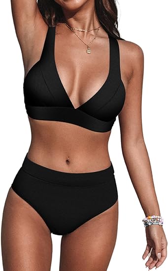 Photo 1 of Large CUPSHE Bikini Set for Women Two Piece Swimsuits High Waisted Deep V Neck Back Hook Wide Straps

