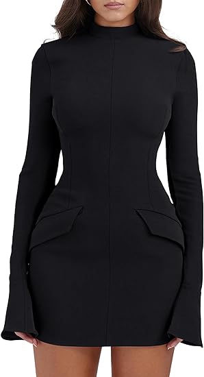 Photo 1 of Medium YMDUCH Women's Long Sleeve Mock Turtle Neck Bodycon Mini Tank Short Party Dress
