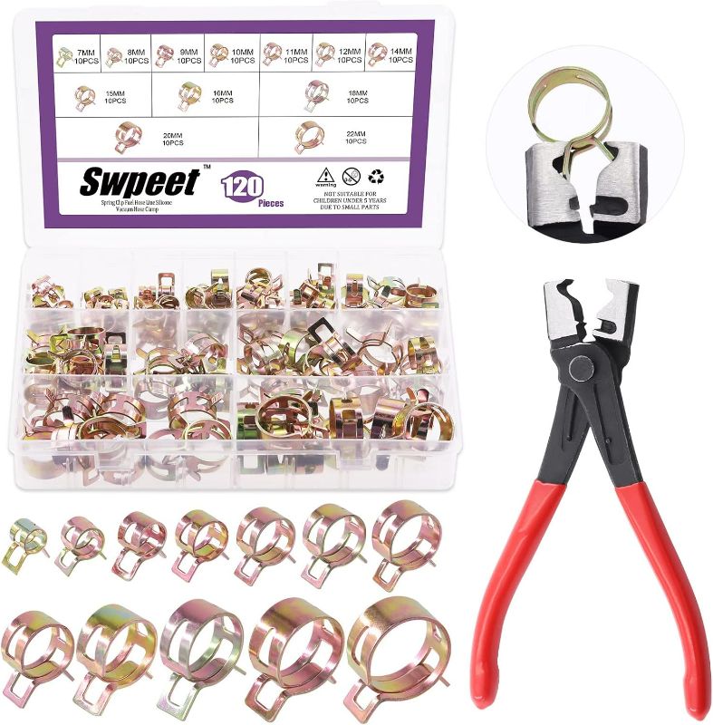 Photo 1 of Swpeet 121Pcs 7-22mm Spring Band Hose Clamps with CV Boot Hose Clip Pliers Assortment Kit, Silicone Vacuum Hose Action Pipe Clamp Low Pressure Air Clip Clamp for Hose Clamps
