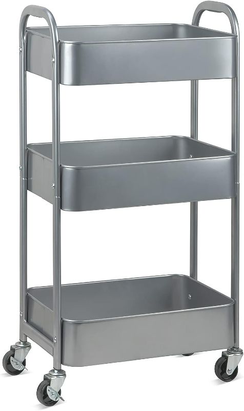 Photo 1 of 3-Tier Kitchen Cart Multifunctional Rolling Utility Cart with Lockable Wheels?Storage Craft Art Cart Trolley Organizer Serving Cart Easy Assembly for Office, Bathroom, Kitchen, Classroom?silvery-grey?