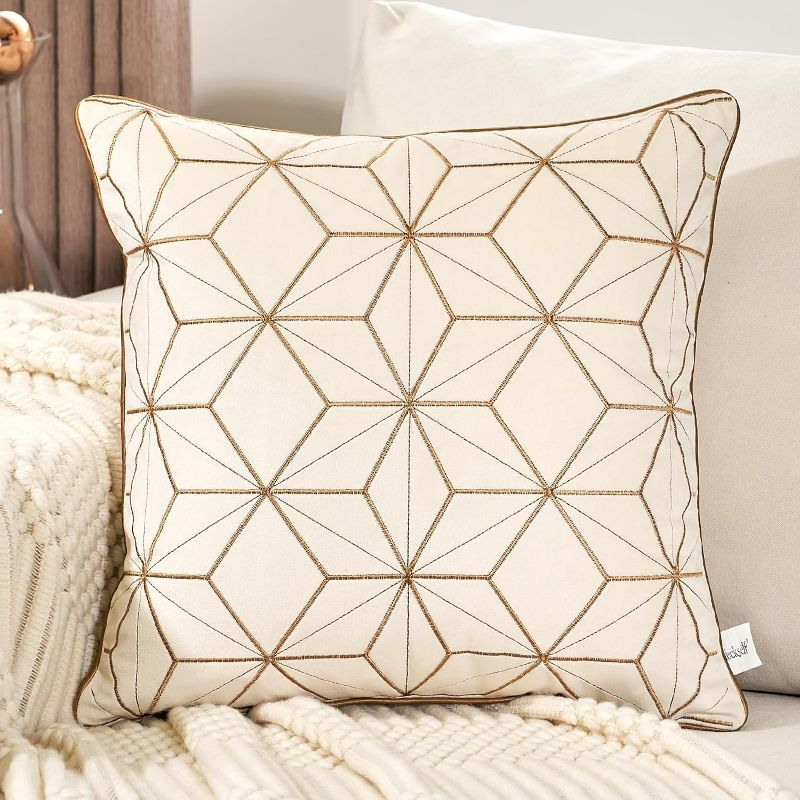 Photo 1 of Aeckself 18 x 18 Inch White Gold Plaid Geometric Lines Embroidery Velvet Cushion Case Luxury Modern Square Throw Pillow Cover Decorative Pillow for Couch Living Room Bedroom Car 45 x 45cm
