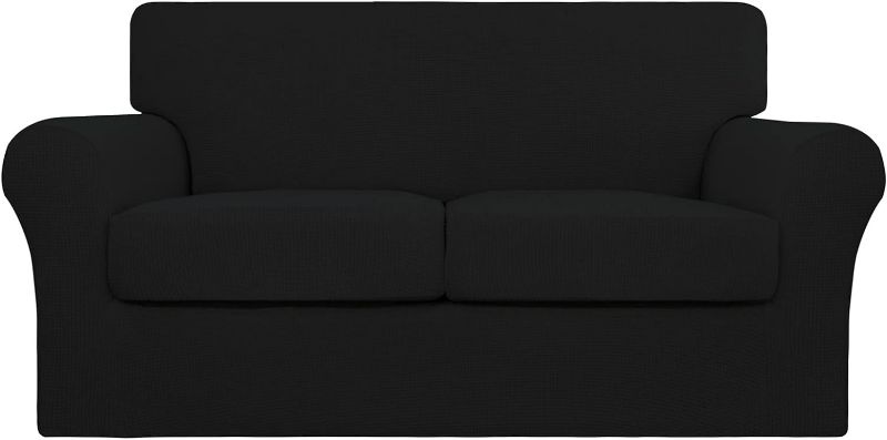 Photo 1 of Easy-Going 3 Pieces Stretch Couch Cover Sofa Cover for Dogs Washable Sofa Slipcover for 2 Separate Cushion Couch Spandex Jacquard Fabric Elastic Furniture Protector for Pets, Kids (Black, Loveseat)
