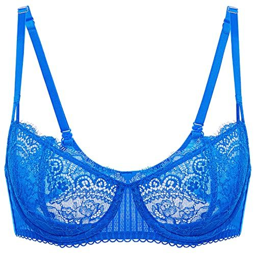 Photo 1 of 34A DOBREVA Women's Sexy Lace Push up Plus Size Bra Sheer Balconette Underwire Unlined Sky Blue