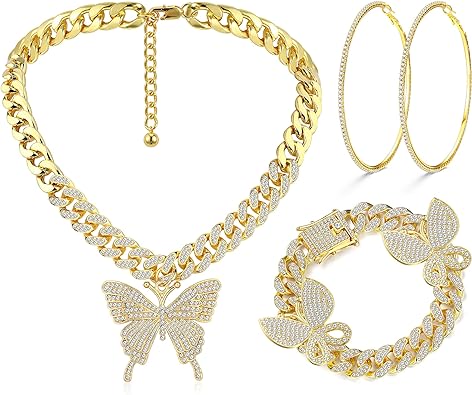Photo 1 of YADOCA Butterfly Jewelry Set Thick Diamond Iced Out Miami Cuban Link Chain Necklace Bracelet Rhinestone Big Hoop Earrings Bling Butterfly Hip Hop Costume Jewelry Accessories For Women Silver Gold Tone
