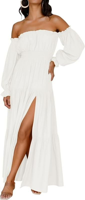 Photo 1 of Small ZESICA Women's 2024 Boho Sexy Off Shoulder Long Sleeve Smocked High Waist Side Split Flowy A Line Tiered Long Maxi Dress
