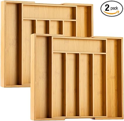 Photo 1 of Bellsal Silverware Organizer 2 PIECE with grooves Kitchen Drawer Organizer Expandable Bamboo Utensil Holder Cutlery Tray for Kitchen Utensil and Flatware
