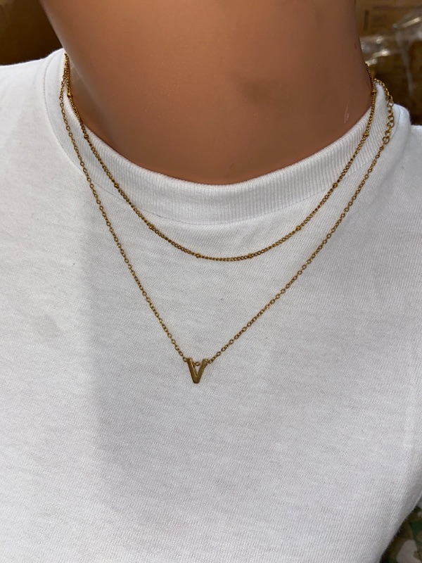 Photo 2 of (V) Gold Necklaces for Women Girls Dainty Silver Initial Necklace 14K Real Gold Plated Letter Necklace 26 Capital V Monogram Name Pendant Choker Necklaces Stack Jewelry Set for Girls Gift Trendy
