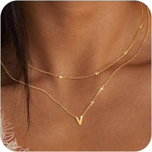 Photo 1 of (V) Gold Necklaces for Women Girls Dainty Silver Initial Necklace 14K Real Gold Plated Letter Necklace 26 Capital V Monogram Name Pendant Choker Necklaces Stack Jewelry Set for Girls Gift Trendy

