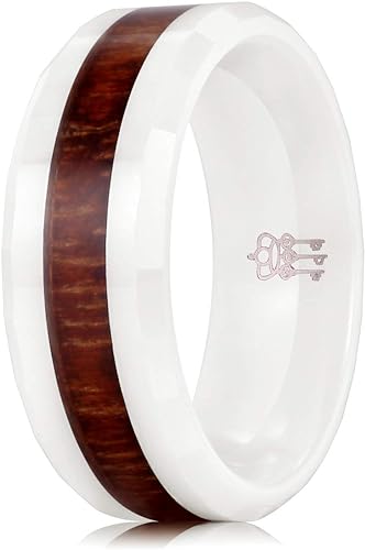 Photo 1 of Size 9 THREE KEYS JEWELRY  8mm White Ceramic Wedding Ring with Hawaiian Koa Wood Inlay Men's Wedding Band Engagement Ring
