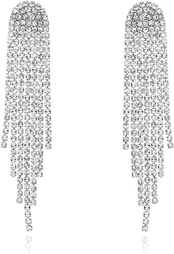 Photo 1 of Rhinestone Earrings Dangling for Women Chandelier Statement Tassel Earrings Girls Silver Sparkly With Sequin Dangle Earrings Metal Mesh Grid Tassel 