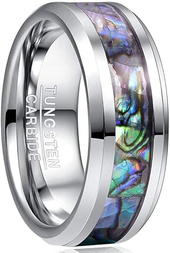 Photo 1 of Size 11.5 Vakki 8mm Tungsten Wedding Ring for Women Natural Abalone Shell/Mother of Pearl/Lapis Lazuli Inlay Promise Ring Beveled Edge Comfort Fit
