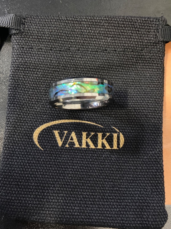 Photo 3 of Size 11.5 Vakki 8mm Tungsten Wedding Ring for Women Natural Abalone Shell/Mother of Pearl/Lapis Lazuli Inlay Promise Ring Beveled Edge Comfort Fit
