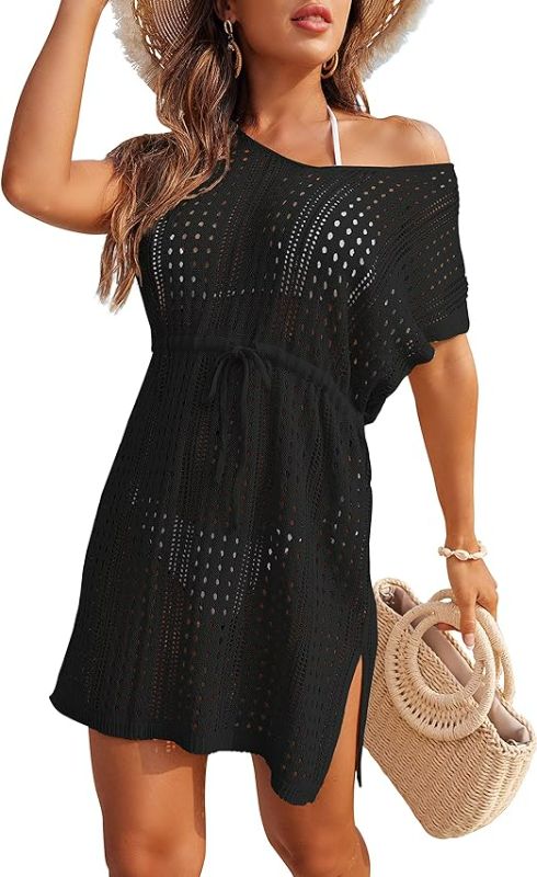 Photo 1 of (Size M) MEROKEETY Women's Crochet Bathing Suit Cover Ups Short Sleeve Tie Waist Beachwear Coverup
