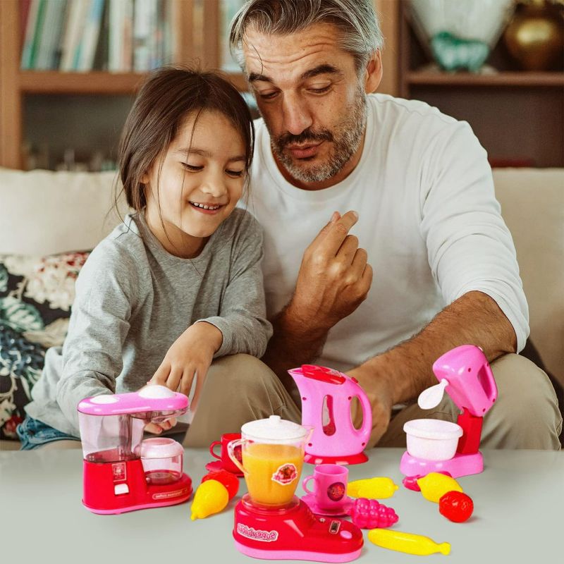 Photo 2 of Kitchen Appliances Toy,Kids Kitchen Pretend Accessories Play Set,Coffee Maker Machine,Blender,Mixer and Kettle with Realistic Light and Sounds,Play Kitchen Set for Kids Boys Girls
