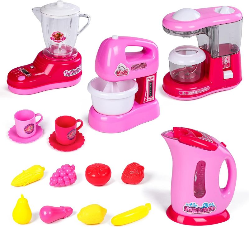 Photo 1 of Kitchen Appliances Toy,Kids Kitchen Pretend Accessories Play Set,Coffee Maker Machine,Blender,Mixer and Kettle with Realistic Light and Sounds,Play Kitchen Set for Kids Boys Girls
