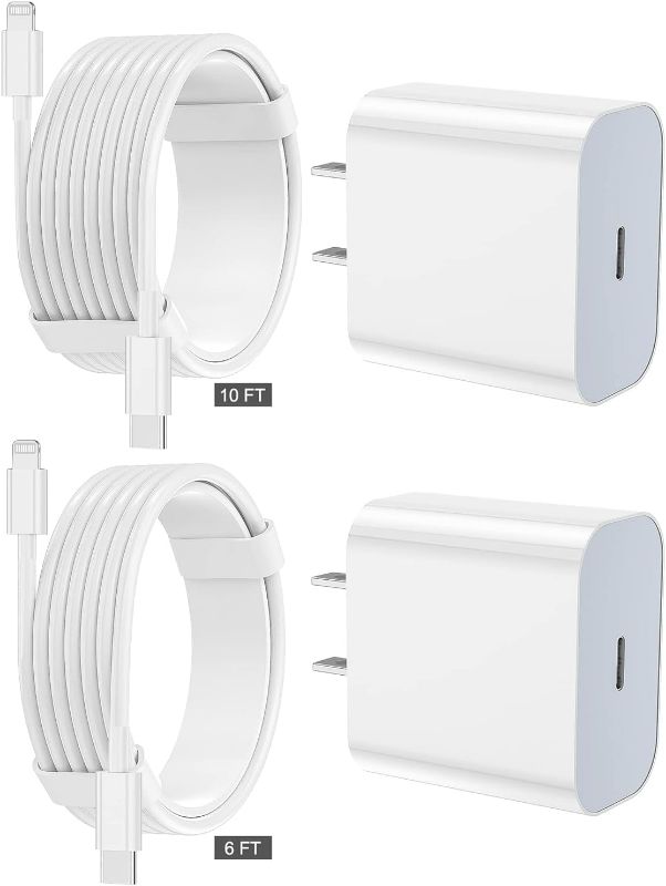 Photo 1 of iPhone Charger Fast Charging 2 Pack Type C Wall Charger Block with 2 Pack [6FT&10FT] Long USB C to Lightning Cable for iPhone 14/13/12/12 Pro Max/11/Xs Max/XR/X,AirPods Pro
