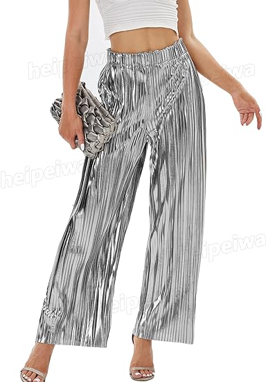 Photo 1 of XL heipeiwa Women's Shiny Pleated Wide Leg Pants Party Nightout High Elastic Waist Trouser Outfit Clubwear
