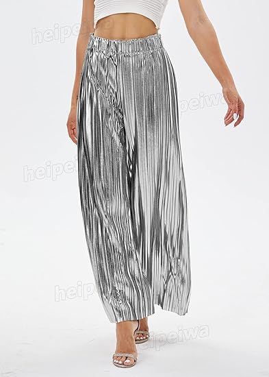 Photo 3 of XL heipeiwa Women's Shiny Pleated Wide Leg Pants Party Nightout High Elastic Waist Trouser Outfit Clubwear
