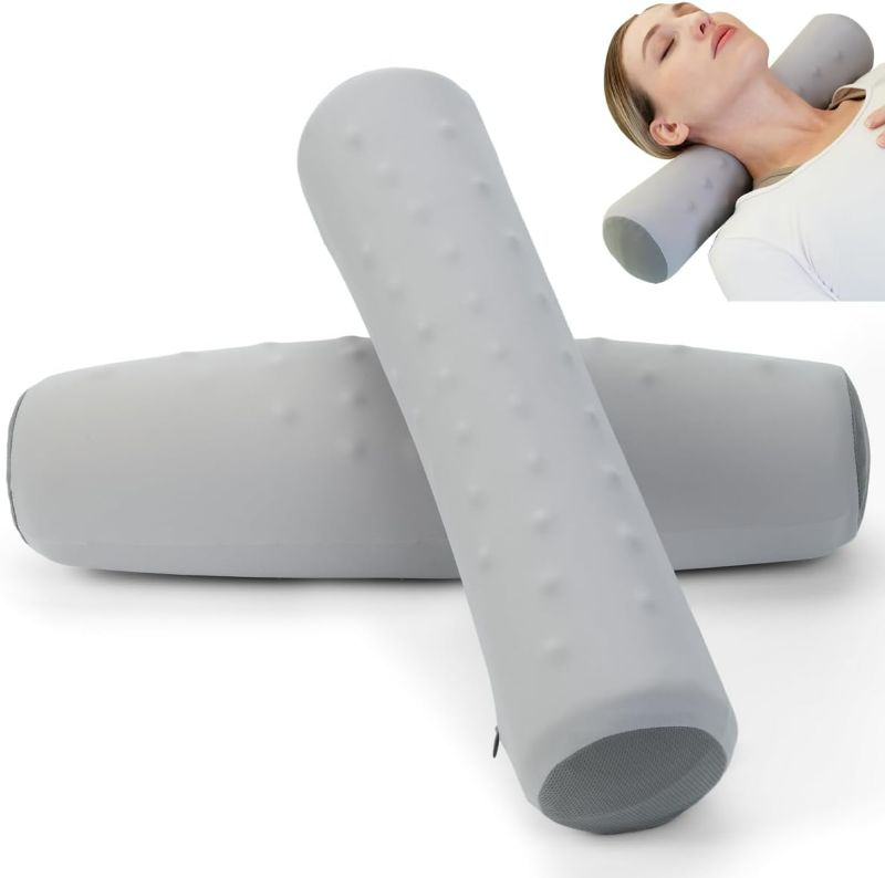 Photo 1 of Cervical Neck Roll Pillow 2 Pack- Memory Foam Pillow for Round Neck Support Sleeping, Bolster Pillow for Bed, Legs, Lumbar and Yoga,Washable Cover (with Massage Points)
