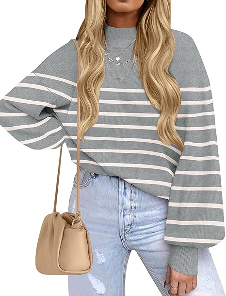 Photo 1 of Small ZESICA Women's 2024 Fall Fashion Turtleneck Long Sleeve Striped Ribbed Knit Loose Pullover Sweater Tops

