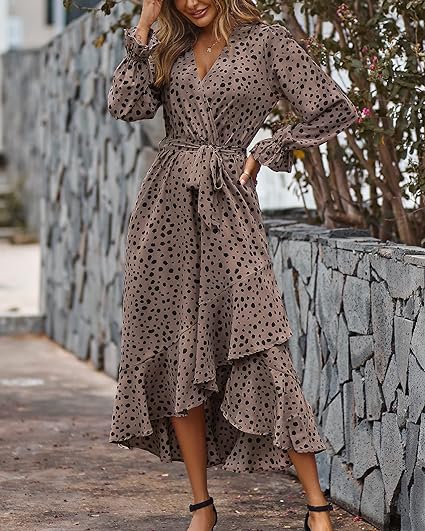 Photo 1 of Medium BTFBM Women Long Sleeve Wrap Maxi Dress V Neck Boho Floral High Waist Flowy Ruffle 2024 Spring Summer Dresses with Belt
