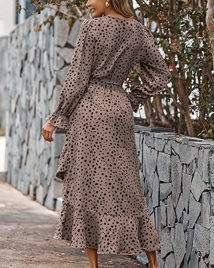 Photo 2 of Medium BTFBM Women Long Sleeve Wrap Maxi Dress V Neck Boho Floral High Waist Flowy Ruffle 2024 Spring Summer Dresses with Belt
