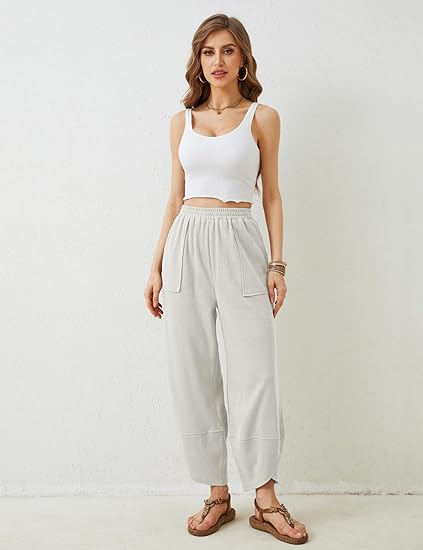 Photo 1 of Large/XL Springrain Womens Baggy Wide Leg Pants Cotton Elastic Waisted Loose Palazzo Harem Pants with Pockets
