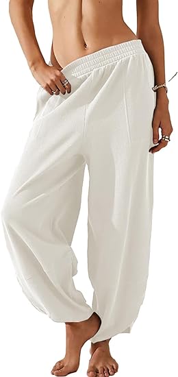 Photo 1 of Large/XL Springrain Womens Baggy Wide Leg Pants Cotton Elastic Waisted Loose Palazzo Harem Pants with Pockets

