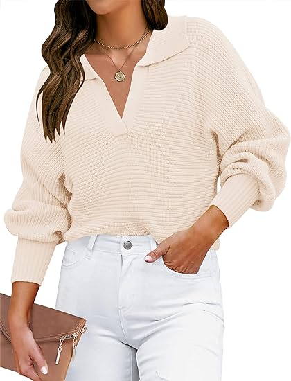 Photo 1 of Large ZESICA Women's 2024 Fall Lapel Collar V Neck Long Sleeve Ribbed Knit Comfy Loose Casual Pullover Sweater Jumper Top
