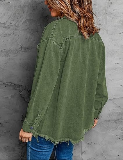 Photo 2 of M/L Vetinee Women’s Oversized Button Up Frayed Hem Shacket Long Sleeve Pockets Denim Jean Jacket
