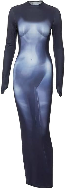 Photo 1 of M/L Y2K 3D Body Print Maxi Dress Women Aesthetic Long Sleeve Unique Sexy Body-Shaping Robe Party Clubwear Clothing
