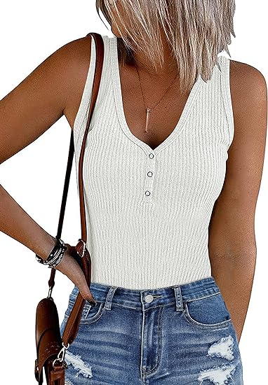 Photo 2 of Large MEROKEETY Women's 2024 Ribbed Button V Neck Bodysuits Sleeveless Slim Fit Knit Body Suits
