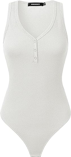 Photo 1 of Large MEROKEETY Women's 2024 Ribbed Button V Neck Bodysuits Sleeveless Slim Fit Knit Body Suits
