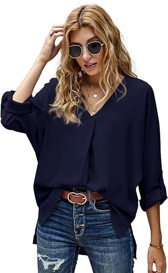 Photo 1 of XL/XXL Cuffed Sleeve Top V Neck Chiffon Blouse Tops Casual Fashion Shirt