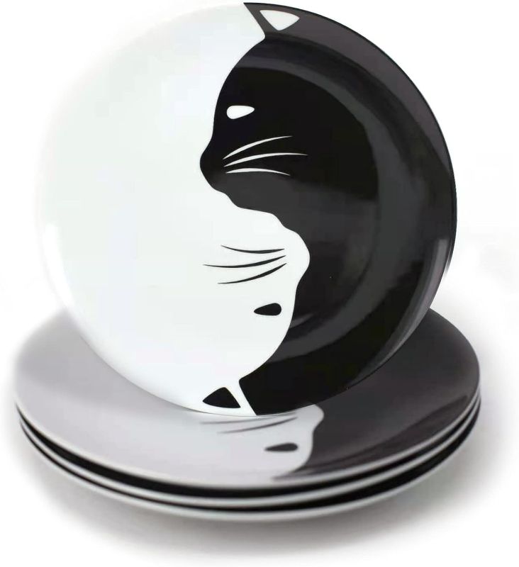 Photo 1 of Black and White Cat Porcelain Plate Set, Best Gift For Cat Lover (8-inch salad plate set)