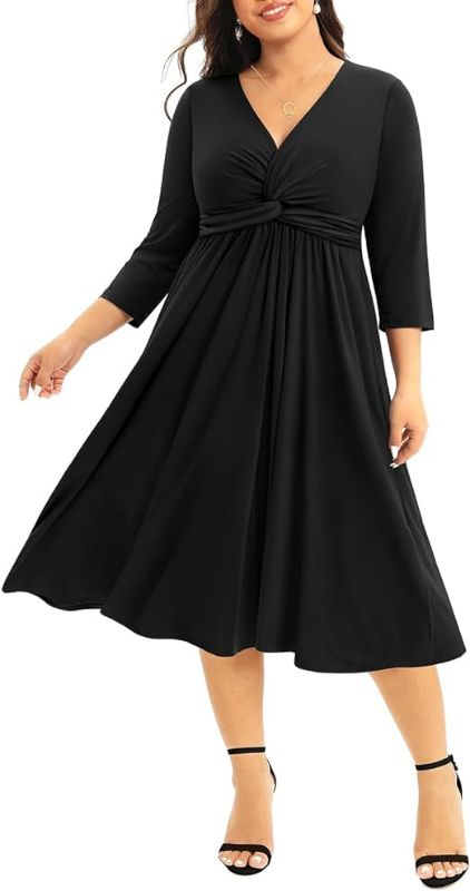 Photo 1 of Size 14 Plus - Pinup Fashion Women's Plus Size Twist Knot Front V Neck 3/4 Sleeve A-line Wedding Guest Midi Dress