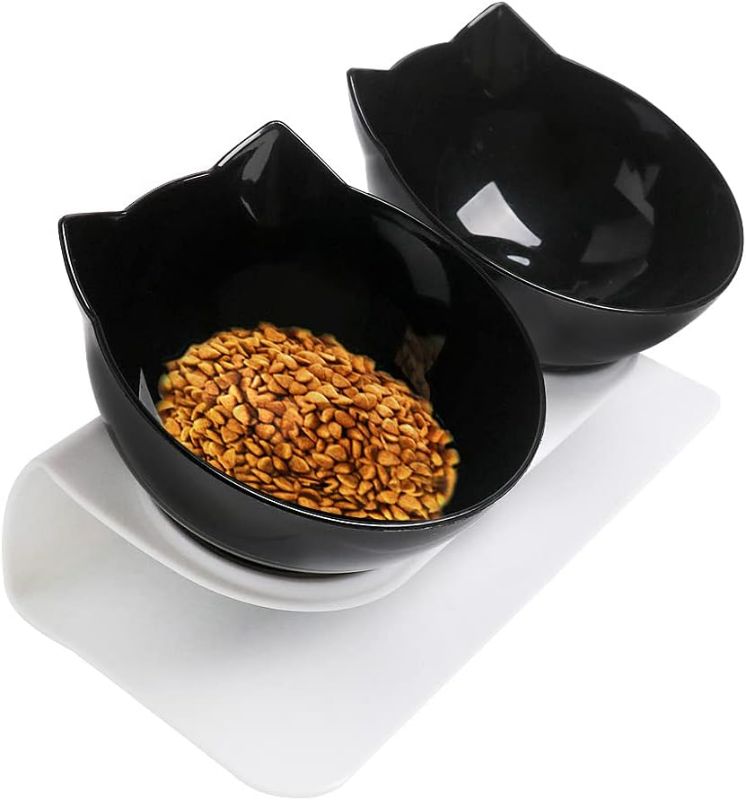 Photo 1 of Elevated Cat Bowls, Double Cat Dog Bowls,15°Tilted Raised Cat Bowls, Protective Cat Feeder Bowl for Cats and Small Dogs